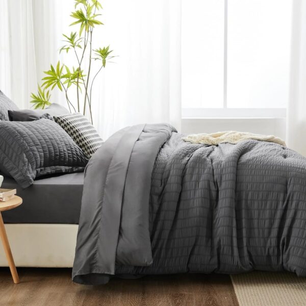 Queen Seersucker Comforter Set with Sheets Dark Grey Bed in a Bag 7-Pieces All Season Bedding Sets with Comforter, Pillow Sham, Flat Sheet, Fitted Sheet, Pillowcase