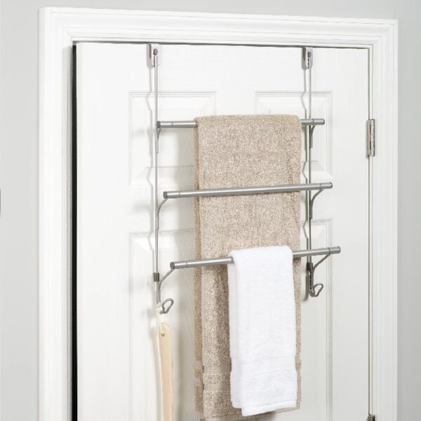 SnugFit Over-the-Door 3-Tier Towel Bar with Hooks, Satin Nickel
