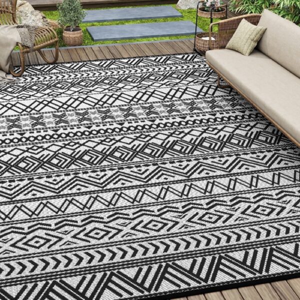 Outdoor Rug 6'x9' Waterproof Reversible Patio Rug Boho Geometric Indoor Outdoor Rugs Lightweight Plastic Straw Ourdoor Carpet for RV Camping Deck Balcony Modern Porch Decor Black and White