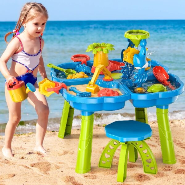 Sand Water Table for Toddlers, 4 in 1 Sand Table and Water Play Table, Kids Table Activity Sensory Play Table Beach Sand Water Toy for Outdoor Backyard for Toddlers Age 2-4 Gift