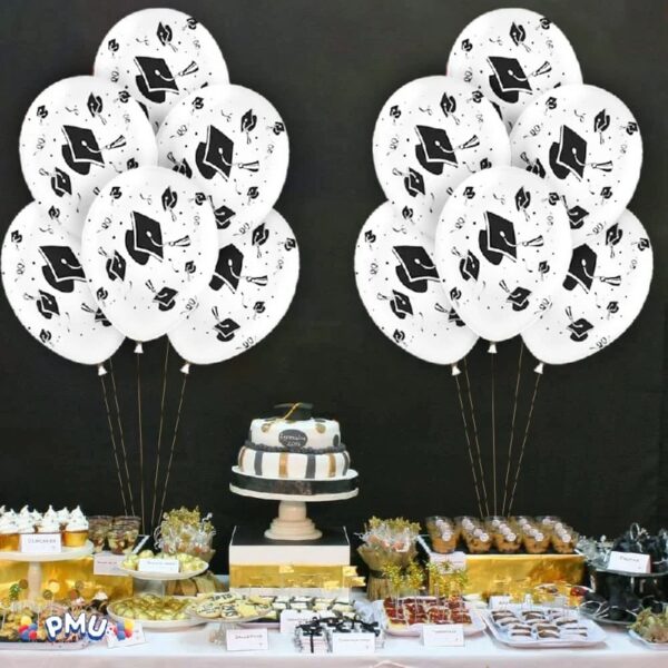 PMU Graduation Balloons 11 Inch PartyTex Premium Emerald Green with All-Over Print White Grad Caps-Confetti and Streamers Pkg/100
