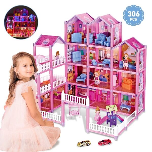DollHouse with Colorful Light, Pretend Play Toddler Doll House Furniture Sets with 3 Dolls, 9 Rooms DIY , Creative Gift for Girls