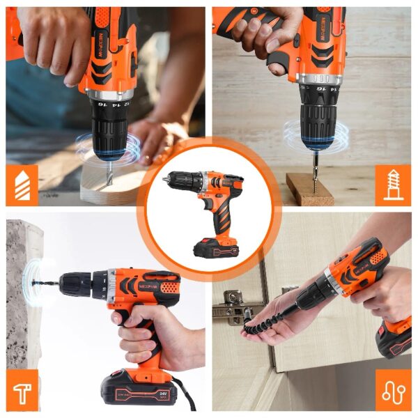 24V Cordless Drill-Brushless Power Drill Set, 3/8