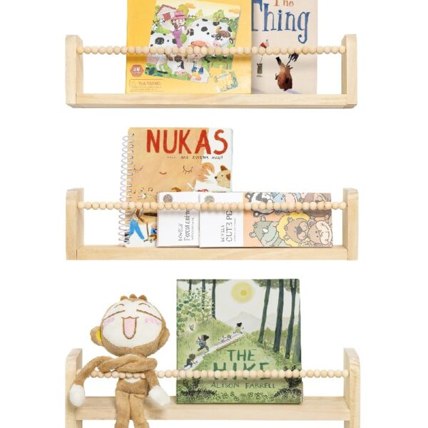 Nursery Floating Shelves for Wall Set of 3 16in, Kids Bookshelf Toy Storage Organizer Natural Wood Shelves Wall Mounted for Kids Room, Bedroom and Kitchen