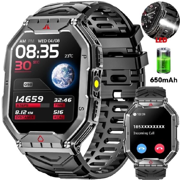 2.1-inch AMOLED Men Military Smartwatch，with Fitness Tracker/ Answer Make Calls /100+ Sport Modes/1ATM Waterproof, Mountain Travel Pedometer Watch fits for Android and Iphone Devices (Black)