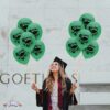 PMU Graduation Balloons 11 Inch PartyTex Premium Emerald Green with All-Over Print White Grad Caps-Confetti and Streamers Pkg/100