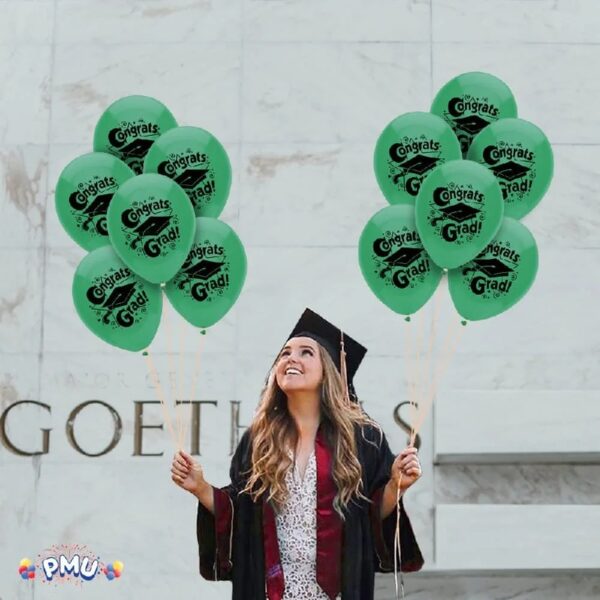 PMU Graduation Balloons 11 Inch PartyTex Premium Emerald Green with All-Over Print White Grad Caps-Confetti and Streamers Pkg/100