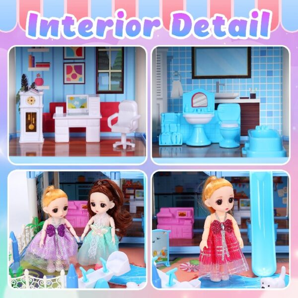 Play Dollhouse with Doll Toy Figures, 14 Rooms Furniture and Colorful Lights, Creative Doll House Gift for Girls Ages 3+, Assemble Required, Pink