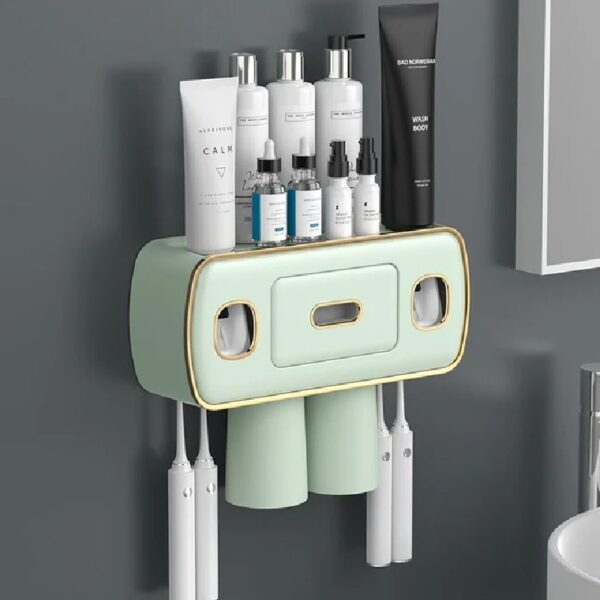 Magnetic Adsorption Inverted Toothbrush Holder Wall-Mounted Bathroom Storage Shelf Toothpaste Dispenser Bathroom Accessories (Green 2Cups)