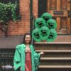 PMU Graduation Balloons 11 Inch PartyTex Premium Emerald Green with All-Over Print White Grad Caps-Confetti and Streamers Pkg/100