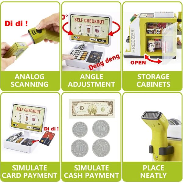 46PCS Upgraded Cash Register Playset for Kids, Cashier Register Toy, Kids Pretend Play Cash Register Toys with Scanner, Shopping Cart, Calculator, Play Food, Toys for Girls 3 6 Years-Green