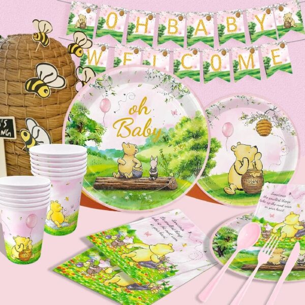 178pcs Pink Winnie Bear Baby Shower Pooh Party Supplies Decorations Oh Baby Plates and Napkins Tableware Set for Boys Girls Newborn Kids Cups Tablecloth Banner Birthday Decorations for 25 Guests