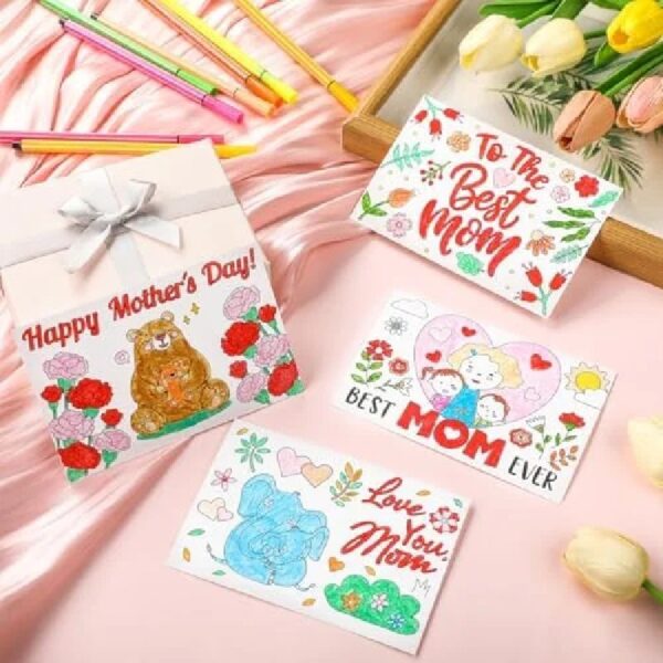 cb889d0ff2124ebea6abb32e00fe53ea 100 Pcs Mother's Day Crafts Color Your Own Cards Gifts from Kids 4 Styles 4 x 6 Inch Flower Heart Bear Elephant Love Mom Happy Mother's Day Postcards Greeting Activity DIY