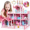 DollHouse with Colorful Light, Pretend Play Toddler Doll House Furniture Sets with 3 Dolls, 9 Rooms DIY , Creative Gift for Girls