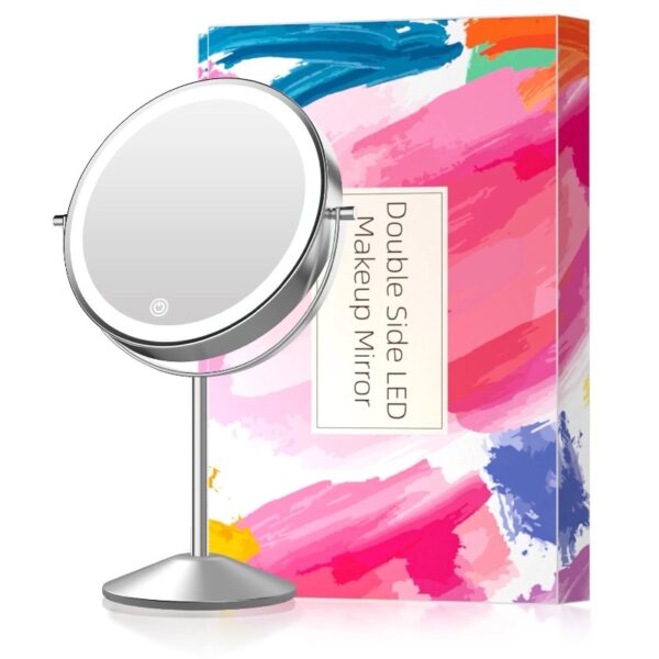 Funtouch Double-Sided Lighted Chrome Makeup Mirror, 10x Magnification, Adjustable Swivel Vanity Mirror