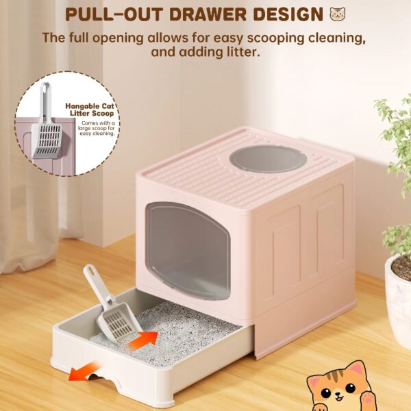 Extra Large Foldable Cat Litter Box with Litter Scoop, Front Entry Top Exit Cat Litter Pan with Lid, Enclosed Anti-Splashing Kitty Litter Box, Drawer Type Cat Litter Easy Cleaning and Scoop, Pink