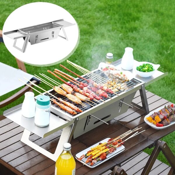 Stainless Steel Portable BBQ Grill,Outdoor Cooking Equipment,Compact Foldable Barbecue Grill for Camping,Picnics,Backyard,for 3-6 People,Lightweight and Durable,Insulated Handles
