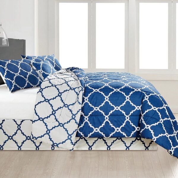 Lux Decor Collection 5 Piece Queen Down Alternative Comforter Set, Washable Duvet Bedding Set - Quatrefoil Navy