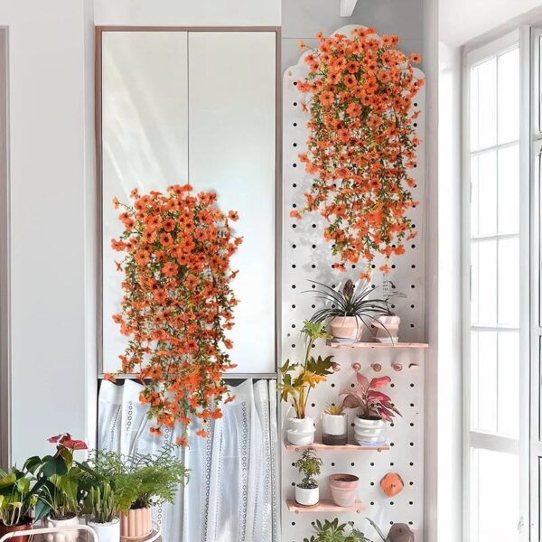 4PCS Artificial Flowers outdoor Spring Summer Decor Fake Hanging Plants UV Resistant Faux Plastic Greenery Hanging Flowers for Outside Gardens Porch Wall Home Indoor,ORANGE&YELLOW