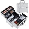 4 Trays Makeup Train Case Cosmetic Storage with Dividers Lockable Jewelry Makeup Box Organizer Pink