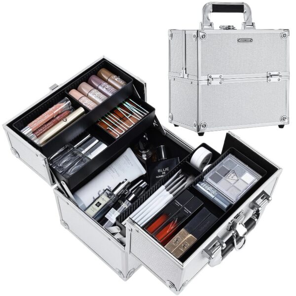 4 Trays Makeup Train Case Cosmetic Storage with Dividers Lockable Jewelry Makeup Box Organizer Pink