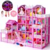 DollHouse with Colorful Light, Pretend Play Toddler Doll House Furniture Sets with 3 Dolls, 9 Rooms DIY , Creative Gift for Girls