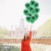 PMU Graduation Balloons 11 Inch PartyTex Premium Emerald Green with All-Over Print White Grad Caps-Confetti and Streamers Pkg/100