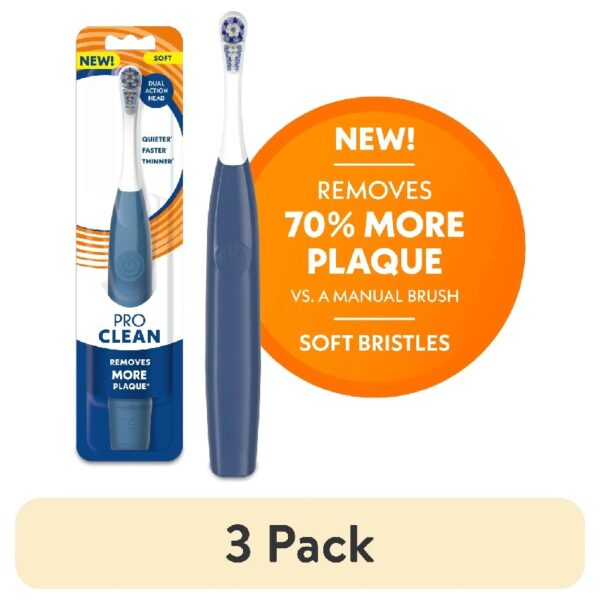 (3 pack) NEW PRO CLEAN Battery Powered Electric Toothbrush for Adults, Soft Bristles,  Blue,  1 Count