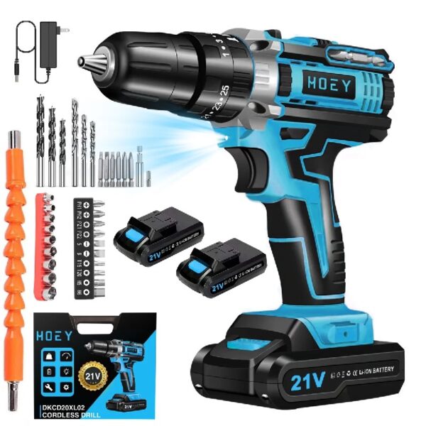 21V Cordless Drill Set, Electric Power Drill 34Pcs with 3/8 Inch Keyless Chuck, 25+3 Clutch Compact Driver Drill with Work Light, Max torque 45Nm, 2-Variable Speed & Battery and Fast Charger