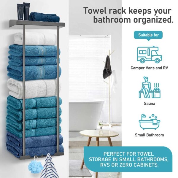 Livhil Wall Towel Rack for Rolled Towels, New Upgrade Towel Racks for Bathroom Wall Mounted, Bathroom Bar Towel Storage, Metal Bath Towel Holder for Folded Large Towel Washcloths, Black