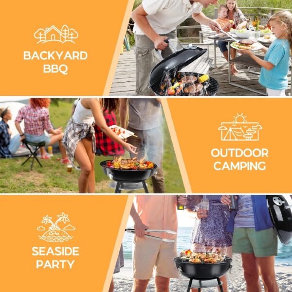 14 inch Portable Charcoal Grill, Lightweight Enamel Coated Coal Kettle Smoker with 3-Point Locking Lid 2 Grilling Racks Dual Venting System, Tabletop Barbecue Oven for Outdoo