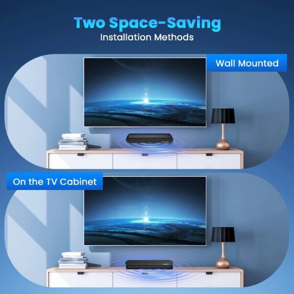 2.1ch Small Sound Bar for TV, 60W Bluetooth Soundbar with Subwoofer, 5 EQ Modes, HDMI ARC/Optical/AUX/USB, Home Theater Surround Sound System, Wall Mountable, Remote Control, 16.5 inch