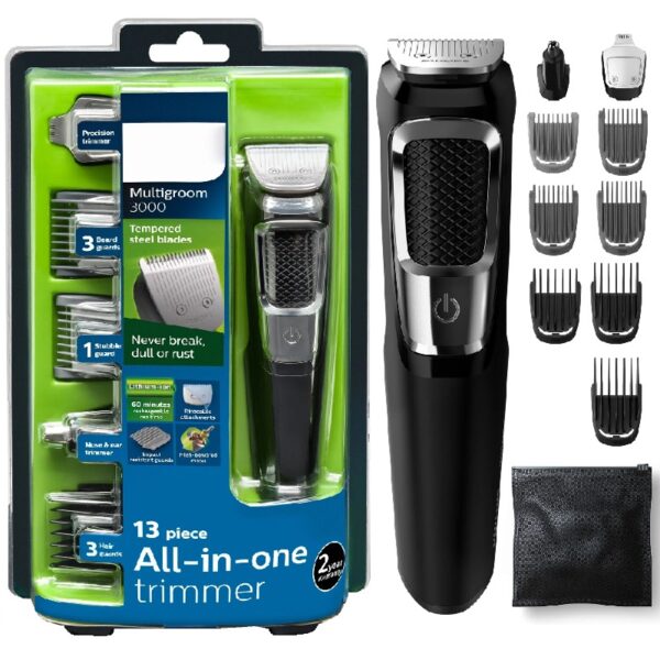 Multi Groomer - 13 Piece Mens Grooming Kit For Beard, Face, Nose, and Ear Hair Trimmer and Hair Clipper - No Blade Oil Needed, MG3750/60