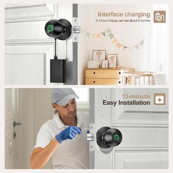 Cikuci Smart Door Lock, Fingerprint Door Lock Knob with App Control, Suitable for Home, Cloakroom, Offices, Hotels (K10)