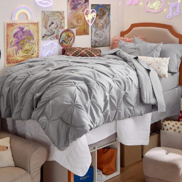 Dorm Bedding Twin Comforter Set - 5 Pieces Pintuck Bed in A Bag with Comforters, Sheets, Pillowcases & Shams