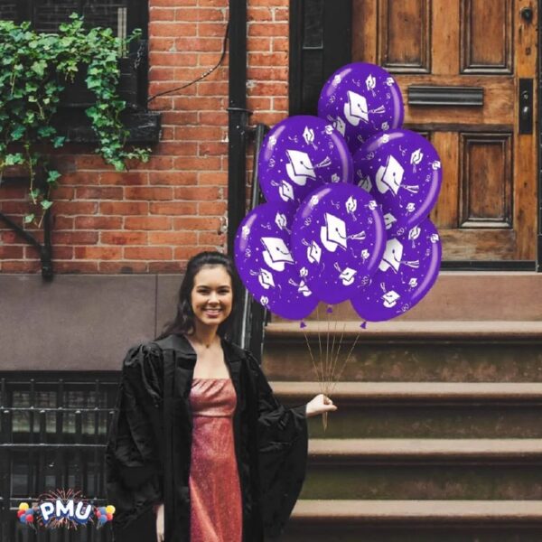 PMU Graduation Balloons 11 Inch PartyTex Premium Emerald Green with All-Over Print White Grad Caps-Confetti and Streamers Pkg/100