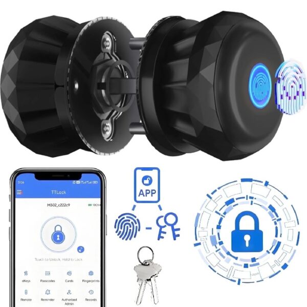 Smart Door Knob, Keyless Smart Door Lock Smart Deadbolt with App Control & Fingerprint & 2 Keys,Electronic Door Lock for Home, Apartment, Office,Bronze
