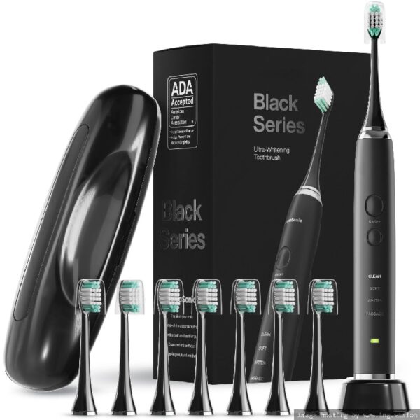 Black Series Electric Toothbrush - Rechargeable, 4 Modes, Travel Case, 8 Brush Heads