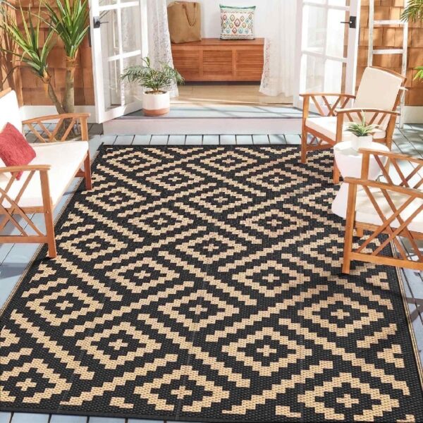 Outdoor Rugs Waterproof Plastic Straw Mat 6'x9' Reversible for RV Patio Deck Beach Black & Brown
