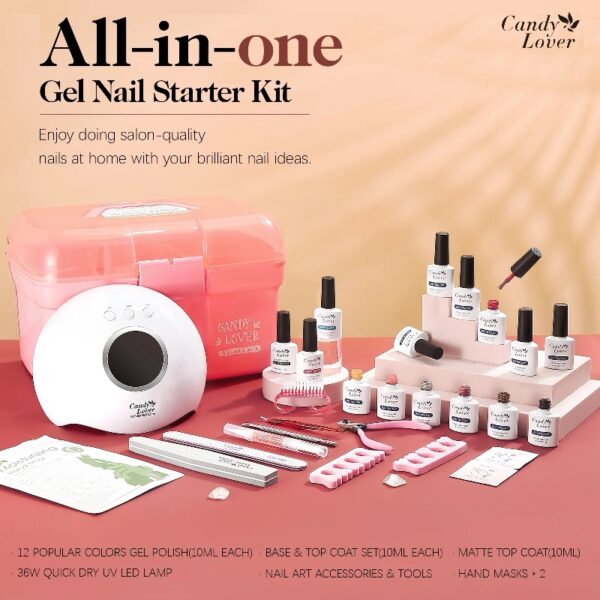 Candy Lover Gel Nail Polish Kit with UV LED Lamp, 12 Colors Cute Lady Gel Polish Starter Kit, All-in-One Quick Dry Soak Off Nail Gel Manicure Kit with DIY Tools Valentine Gift for Women
