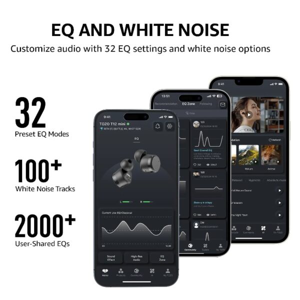 T12 in-Ear Wireless Earbuds Bluetooth 5.3 Headphones with 32EQ Mode,Stereo Bass Bluetooth Earbuds with ENC Noise Cancelling Mic,55H Play,IPX8 Waterproof,Wireless Charging for Home,Sports,Travel
