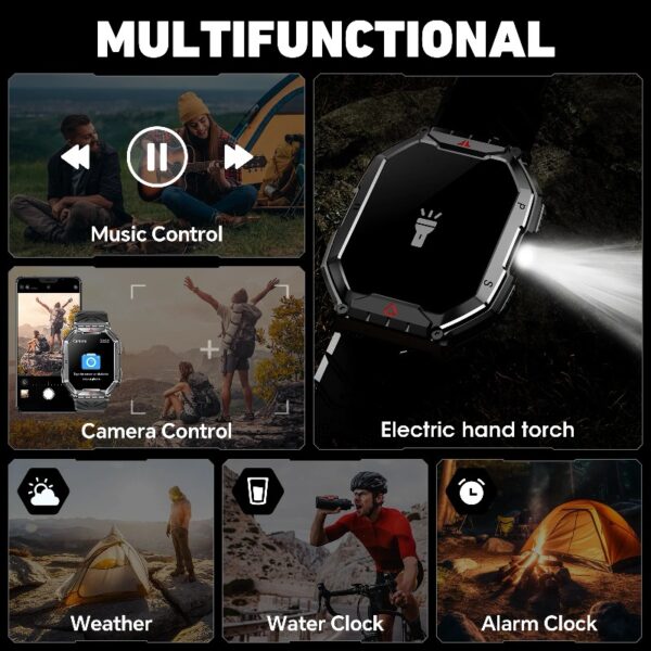 2.1-inch AMOLED Men Military Smartwatch，with Fitness Tracker/ Answer Make Calls /100+ Sport Modes/1ATM Waterproof, Mountain Travel Pedometer Watch fits for Android and Iphone Devices (Black)