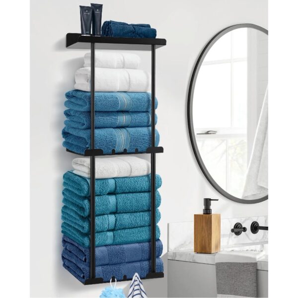 Livhil Wall Towel Rack for Rolled Towels, New Upgrade Towel Racks for Bathroom Wall Mounted, Bathroom Bar Towel Storage, Metal Bath Towel Holder for Folded Large Towel Washcloths, Black