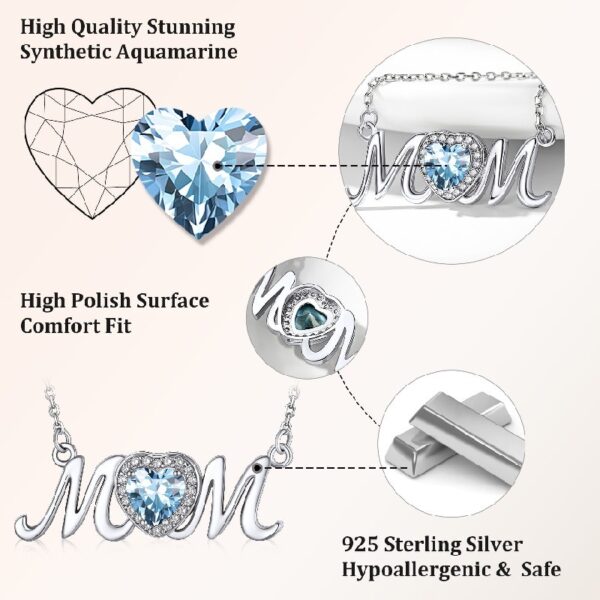 Bestyle S925 Sterling Silver Necklace for Mom Grandma Shiny CZ Heart Pendant Necklace March Created Aquamarine Birthstone Jewelry Mother's Day Gift