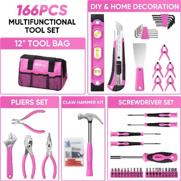 Pink Tool Set for Women, 166pcs Home Tool Kit with 12