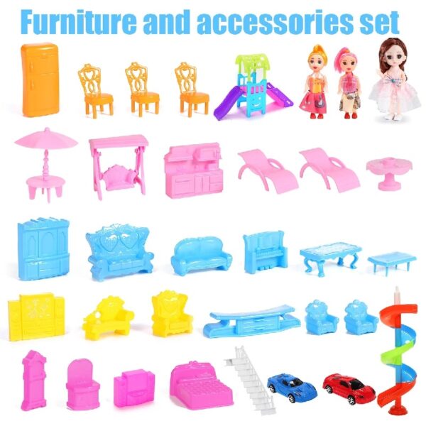 DollHouse with Colorful Light, Pretend Play Toddler Doll House Furniture Sets with 3 Dolls, 9 Rooms DIY , Creative Gift for Girls