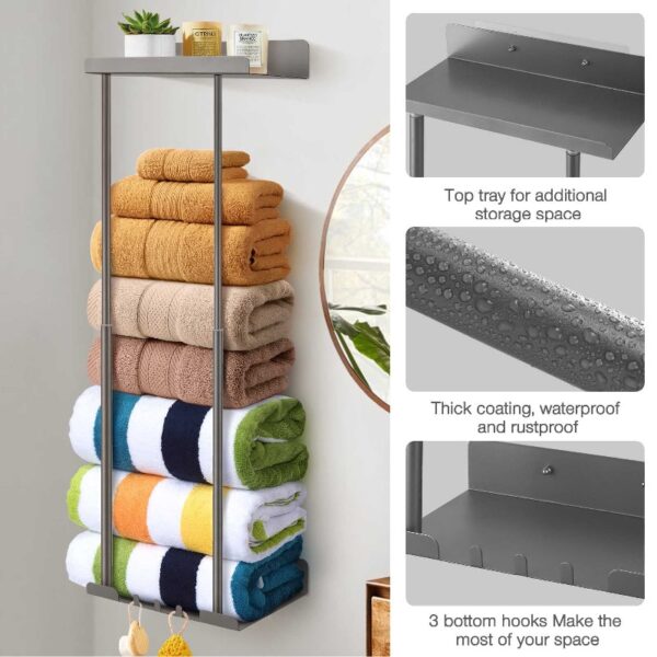 Livhil Wall Towel Rack for Rolled Towels, New Upgrade Towel Racks for Bathroom Wall Mounted, Bathroom Bar Towel Storage, Metal Bath Towel Holder for Folded Large Towel Washcloths, Black