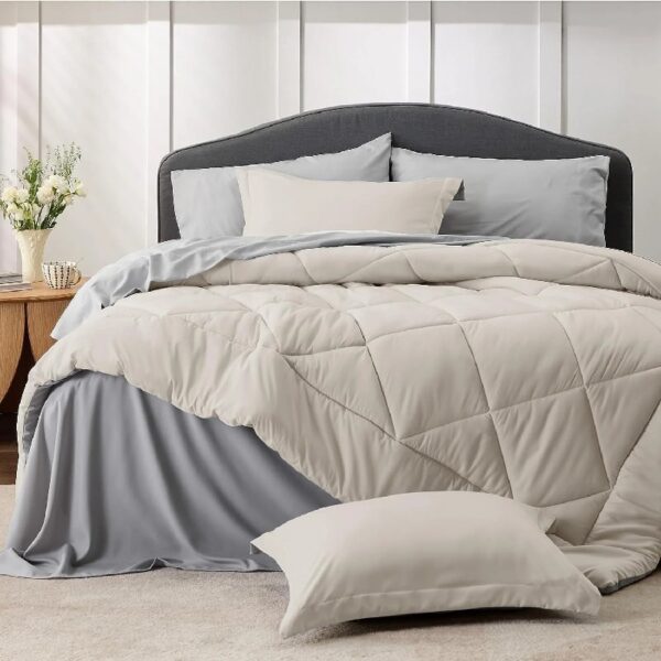 Light Purple Queen Comforter Set - 7 Pieces Reversible Queen Bed in a Bag, Queen Bed Set Light Purple and Grey with Comforters, Sheets, Pillowcases & Shams