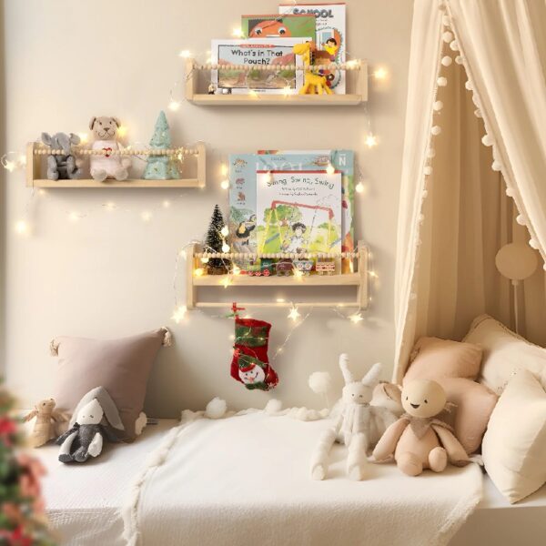 Nursery Floating Shelves for Wall Set of 3 16in, Kids Bookshelf Toy Storage Organizer Natural Wood Shelves Wall Mounted for Kids Room, Bedroom and Kitchen