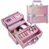 4 Trays Makeup Train Case Cosmetic Storage with Dividers Lockable Jewelry Makeup Box Organizer Pink